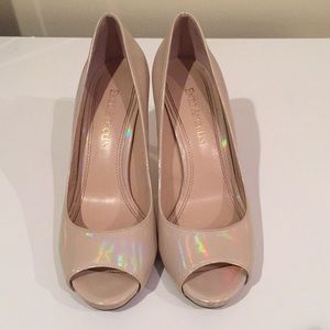 Iridescent Cream Open-Toe Heels